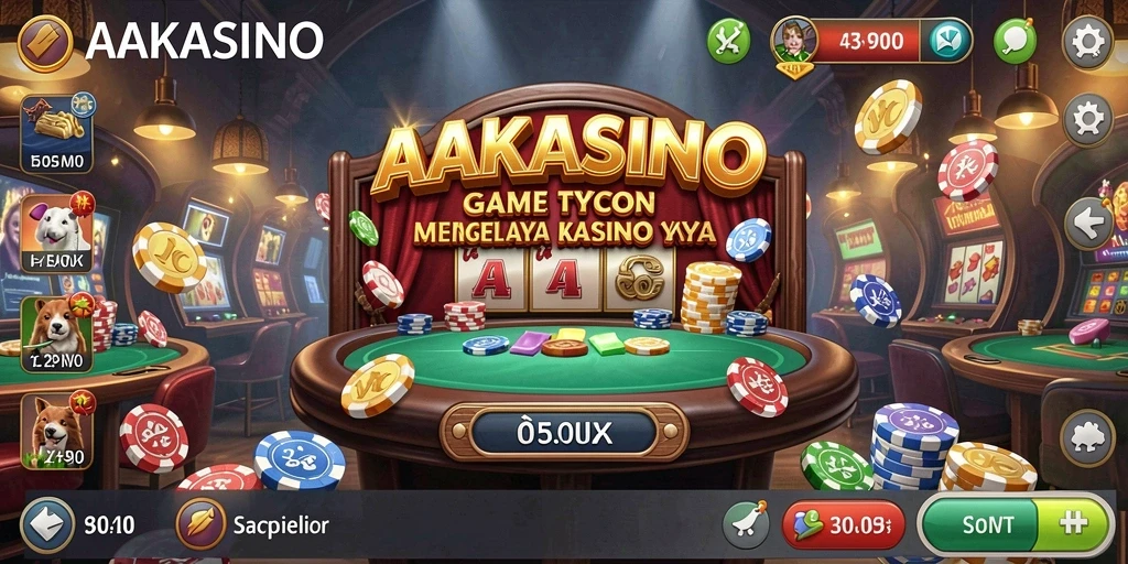 Tangkapan layar gameplay AAKASINO menampilkan kasino megah yang sedang dikelola.