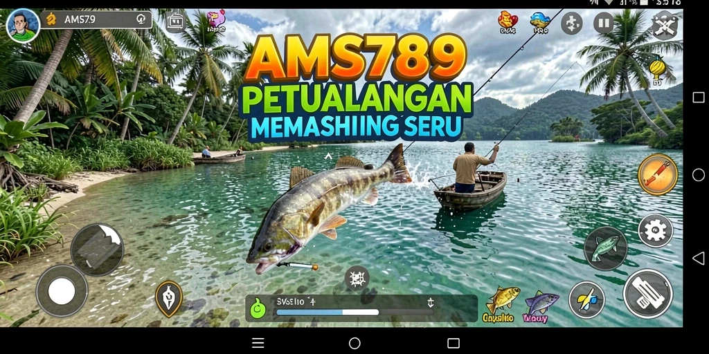 Screenshot utama menunjukkan gameplay memancing yang seru dan menantang.