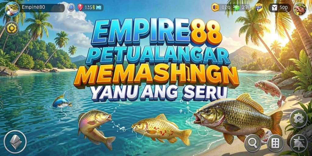 Screenshot utama EMPIRE88 menampilkan pemain menangkap ikan besar di perairan indah.