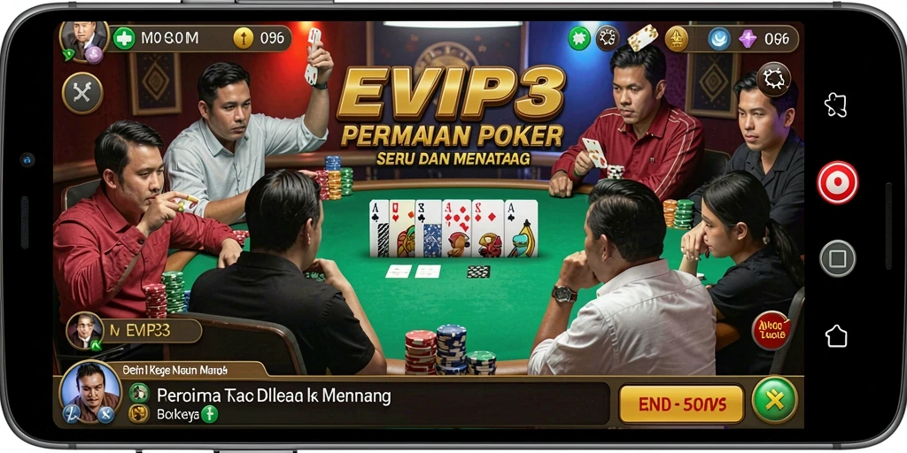 Screenshot gameplay EVIP3 menunjukkan momen mendebarkan saat bermain Poker.