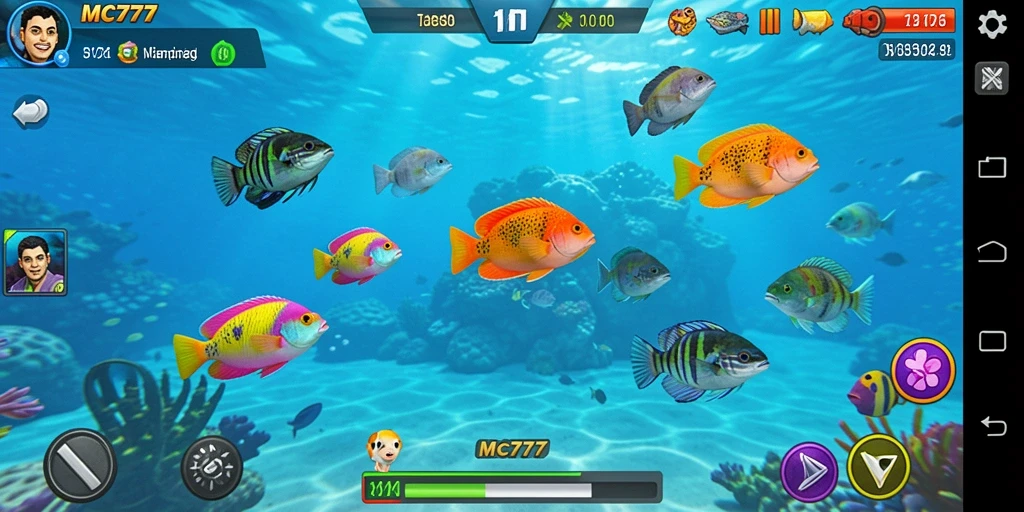 Tampilan gameplay seru dalam MC777 dengan berbagai ikan untuk ditembak.