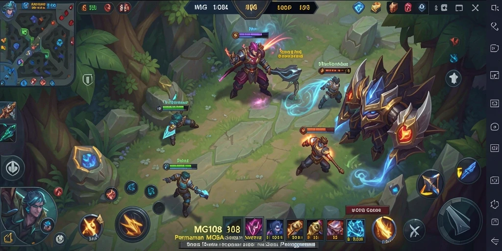 Screenshot gameplay MG108 menampilkan pertarungan MOBA yang intens dan menyenangkan.