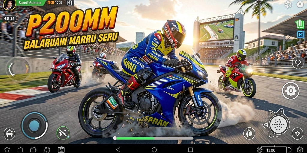 Screenshot P200M menampilkan aksi balapan motor yang mengasyikkan dan seru.