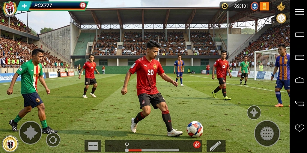 Screenshot utama PCX777 menampilkan aksi seru di lapangan sepak bola.